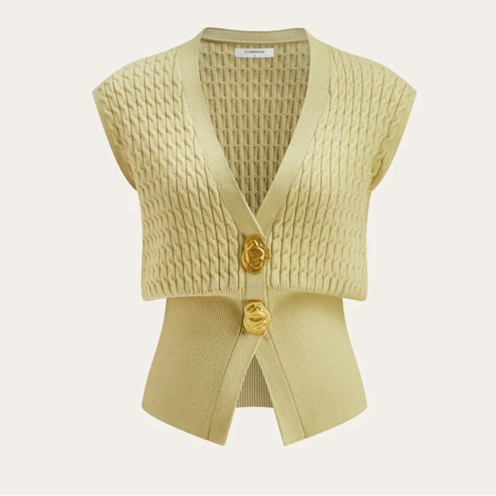 Commense Cable Knit V-Neck Sweater Vest with Gold  Buttons - Pale Yellow NWT